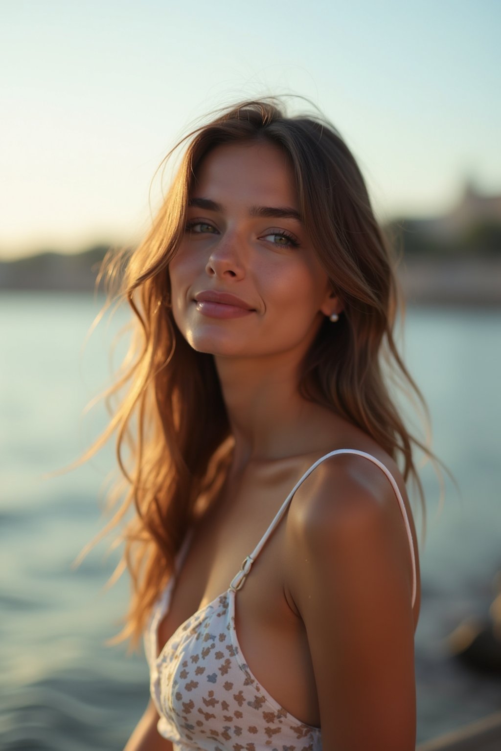 a captivating  feminine woman enjoying a peaceful moment by the waterfront