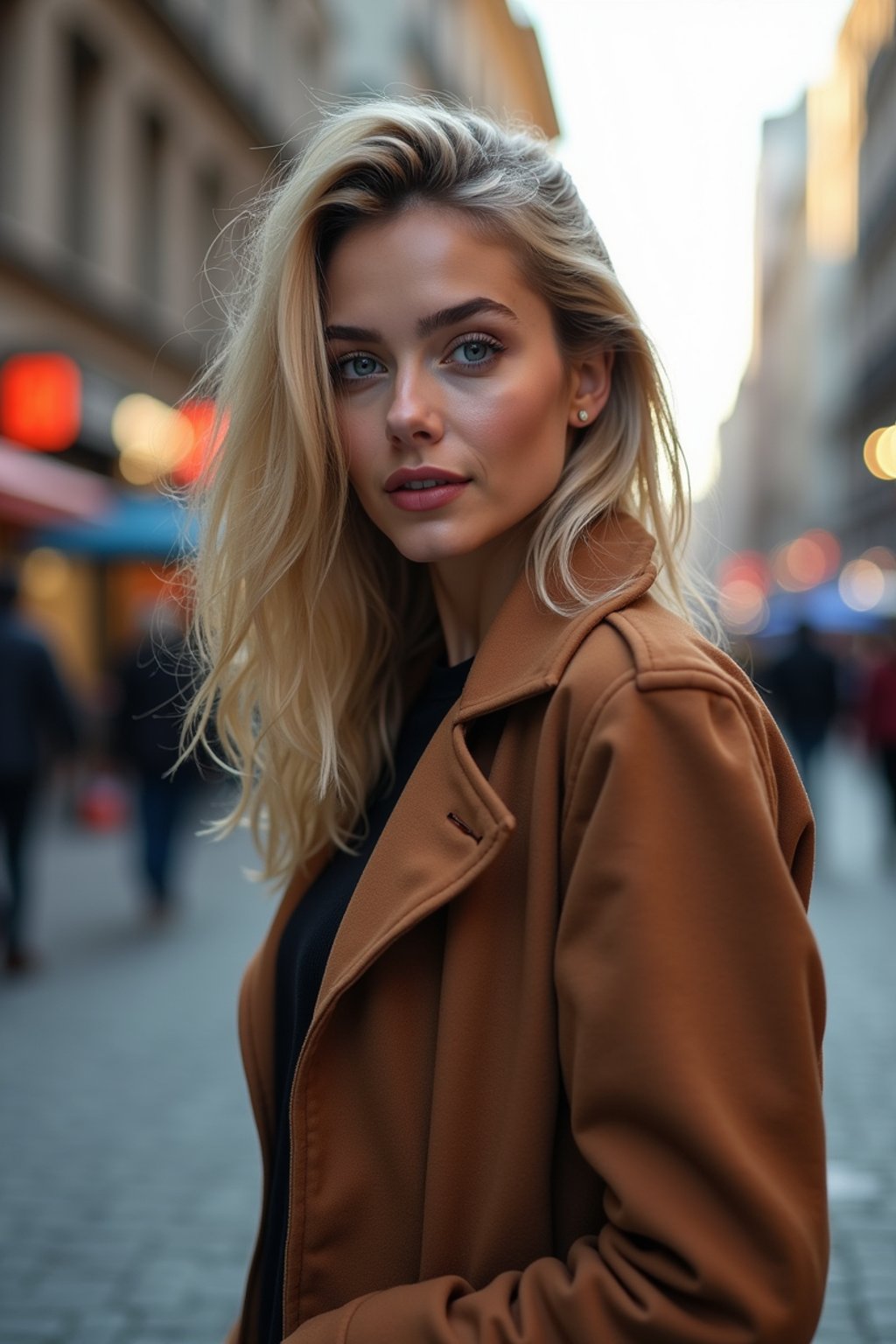 a confident  feminine woman exploring a bustling city street