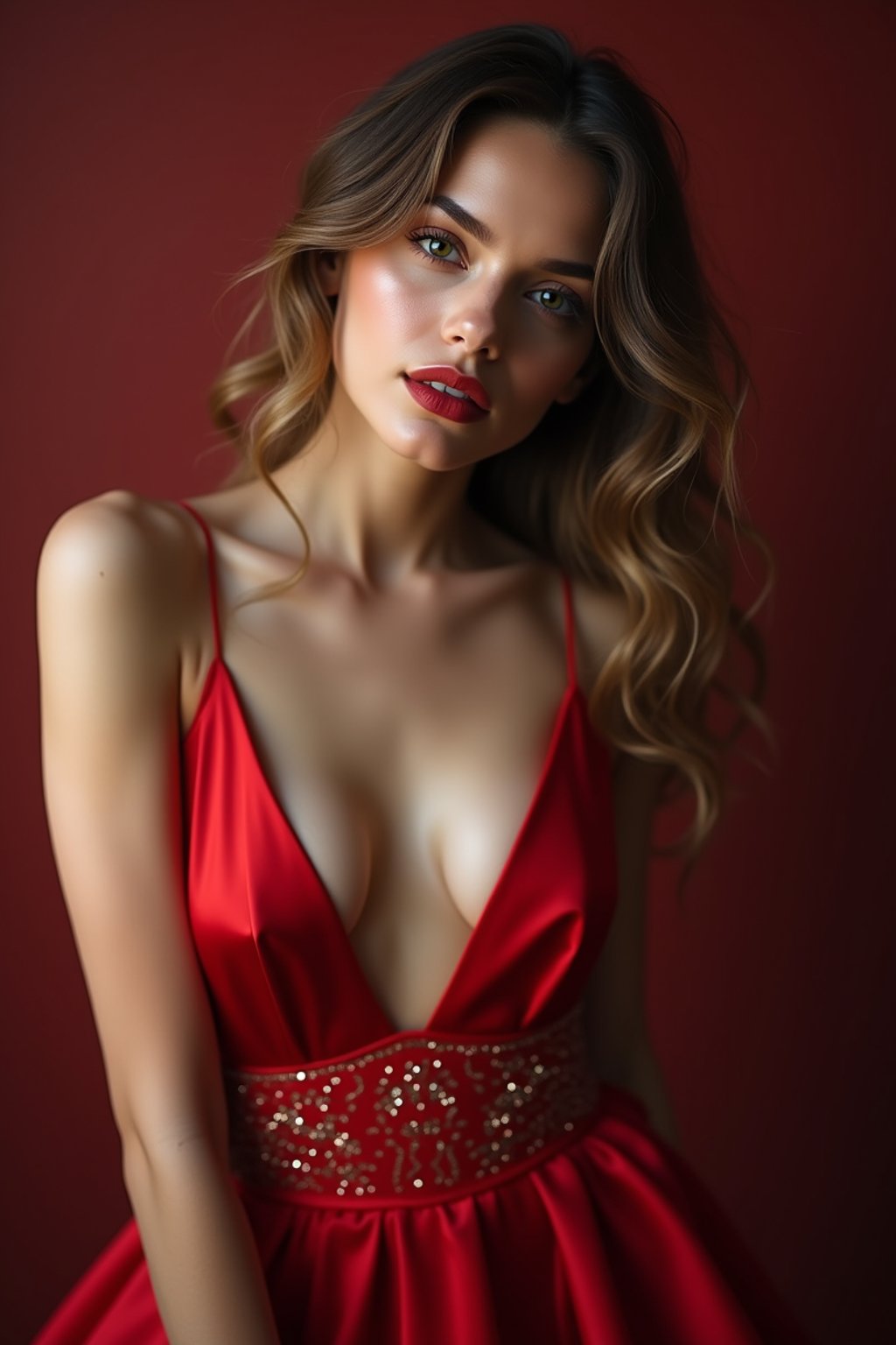 an alluring  feminine woman dressed in elegant evening wear