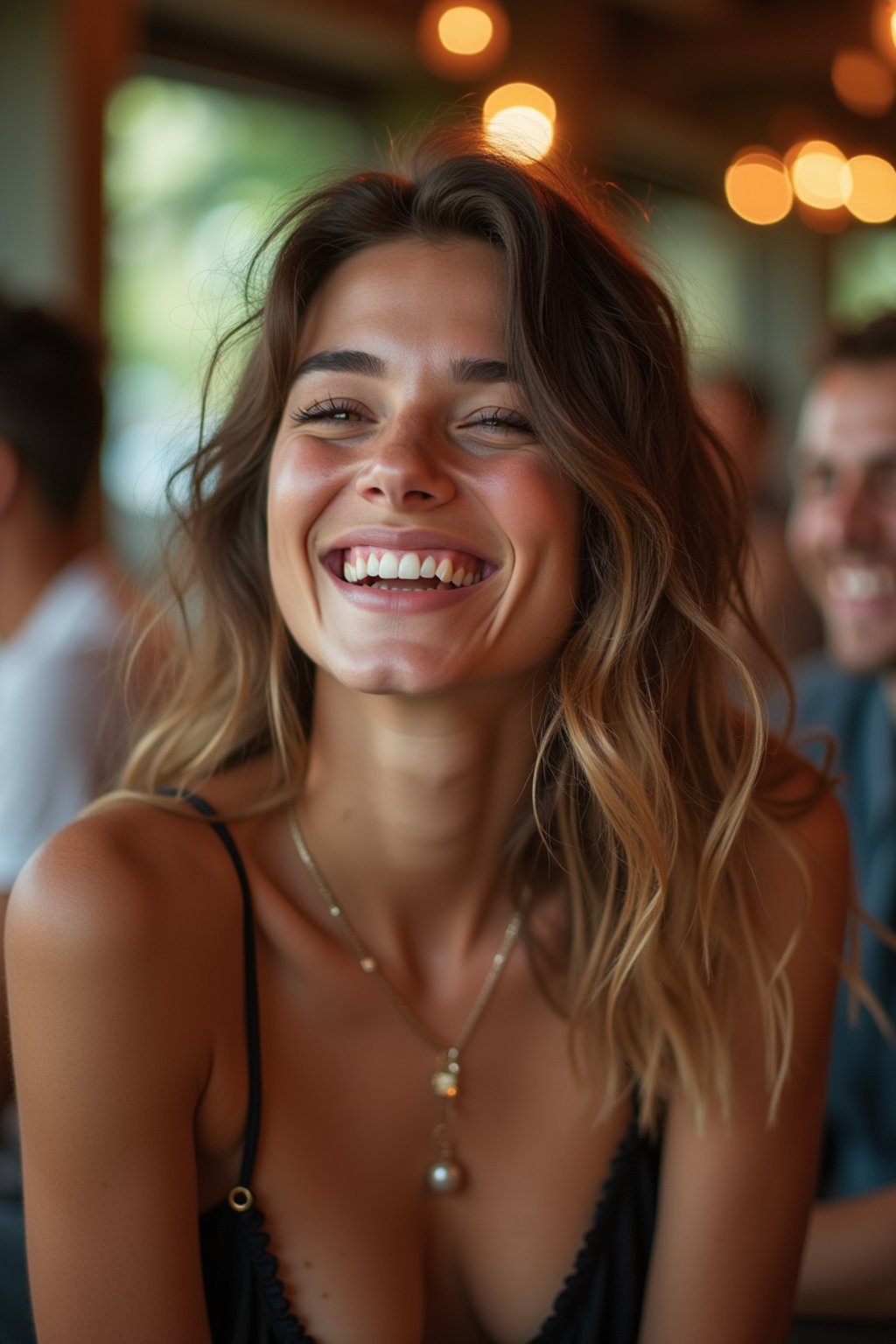 feminine woman laughing and hanging out with friends