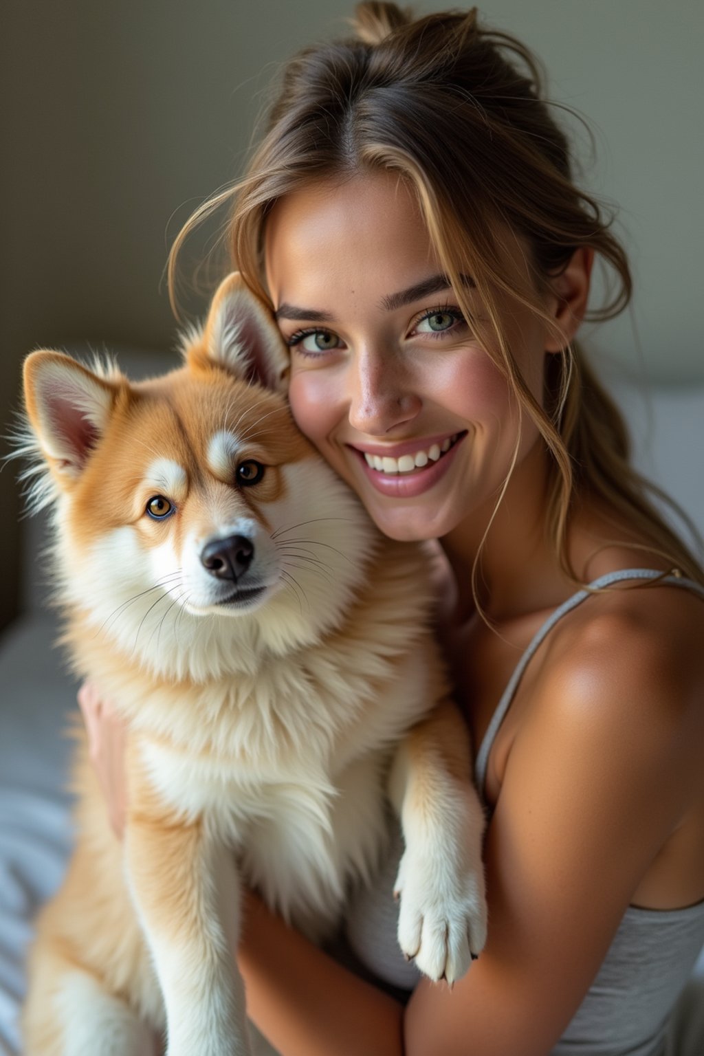 feminine woman posing with a cute pet