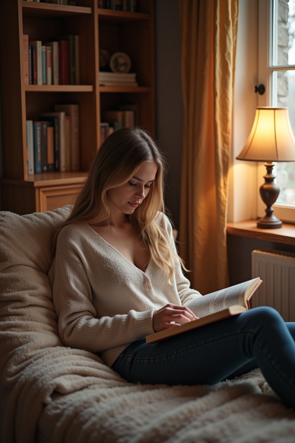 feminine woman reading a book in a cozy home environment