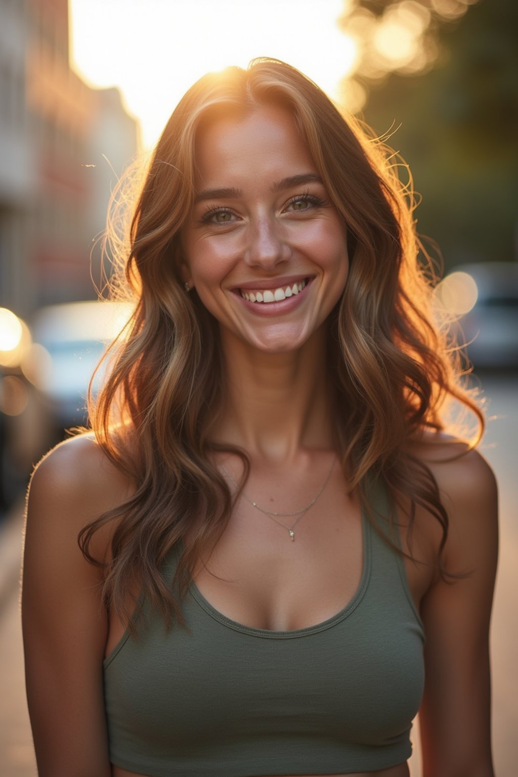 headshot of smiling woman wearing casual clothes posing for dating app headshot. outdoor blurry background. the lighting is warm, possibly from a setting sun, creating a soft glow around him, enhancing the casual and relaxed vibe of the image. the setting seems to be outdoors, likely in an urban environment, with the blurred background hinting at a street or park-like area. this image likely portrays a youthful, active, and approachable individual, possibly in a lifestyle or fashion-related context.