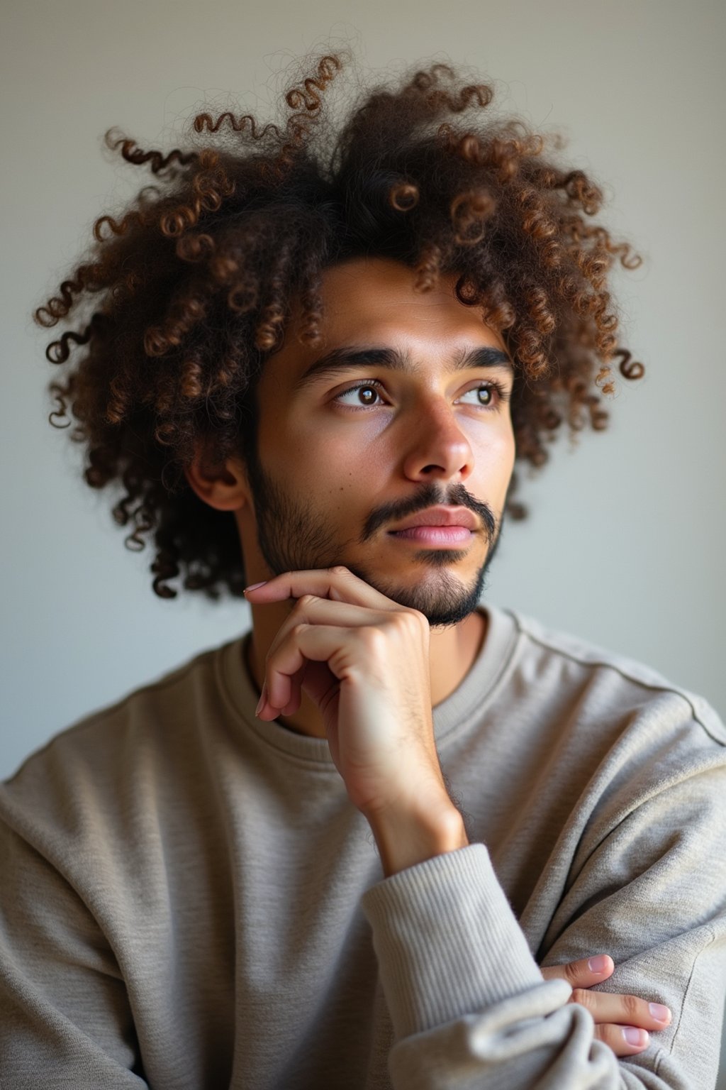 headshot of thinking ruminating contemplating contemplation pondering, plain background