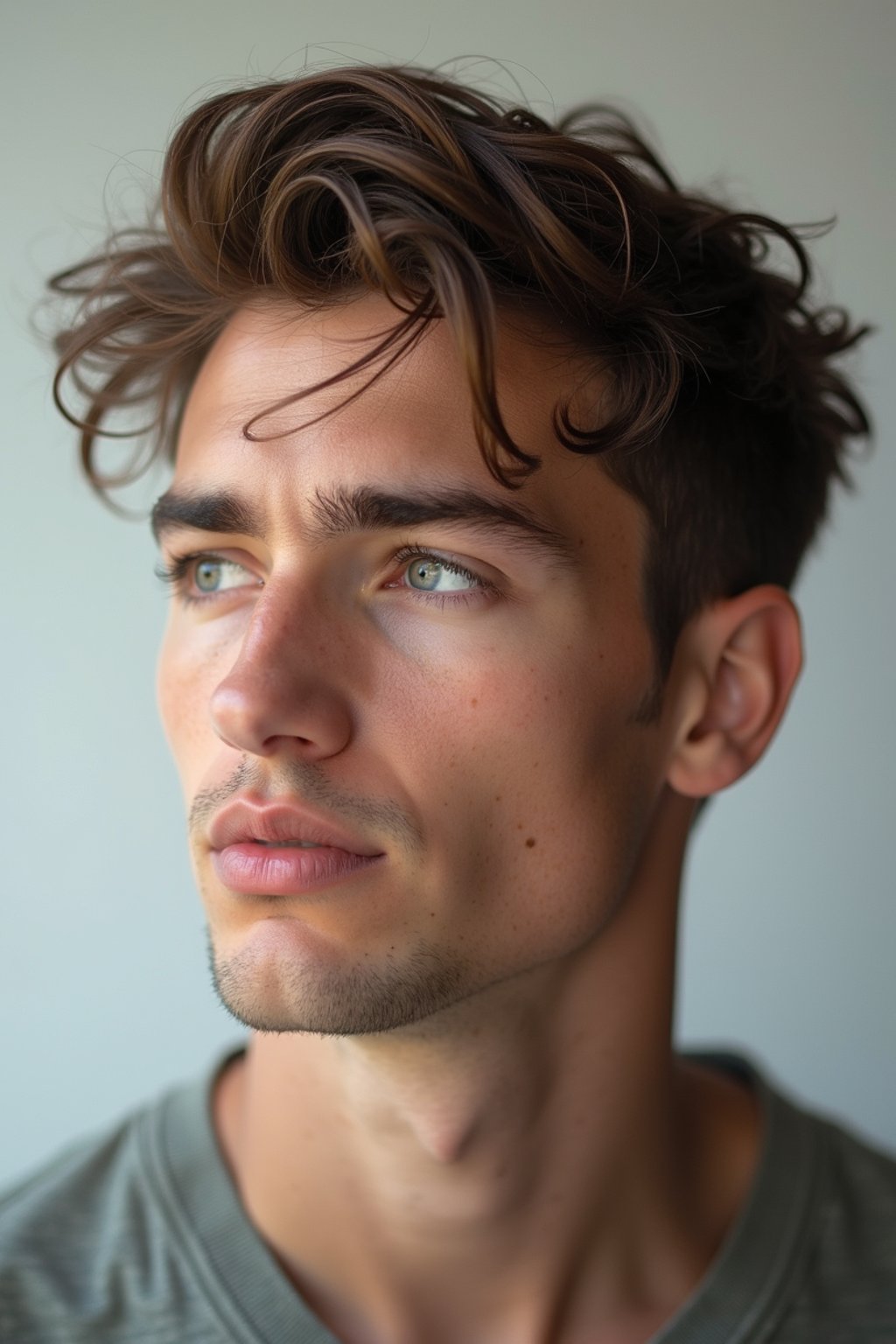 headshot of looking away, looking aside, gazing off man, plain background