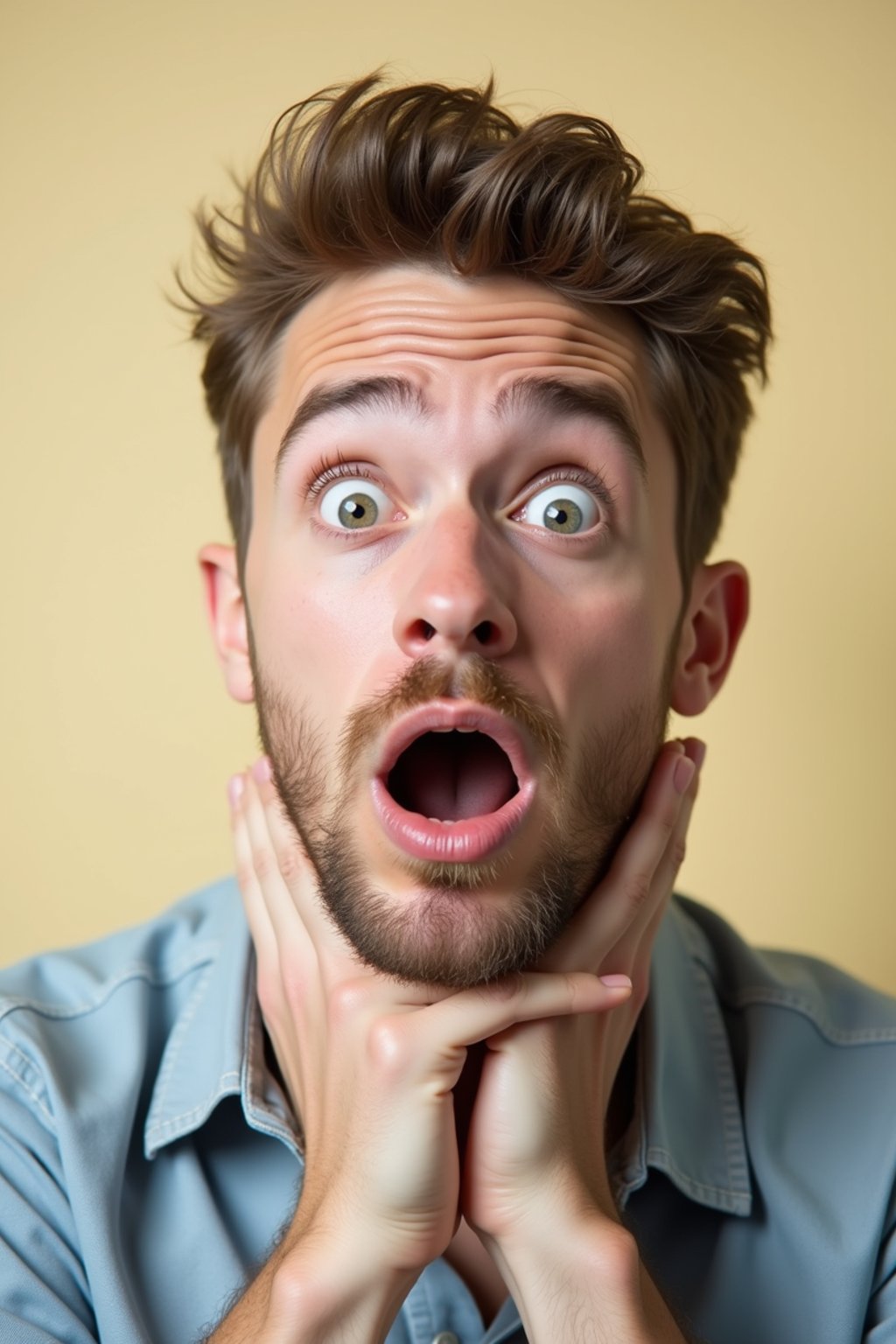 headshot of surprised shocked shock astonished startled stunned surprise man, plain background