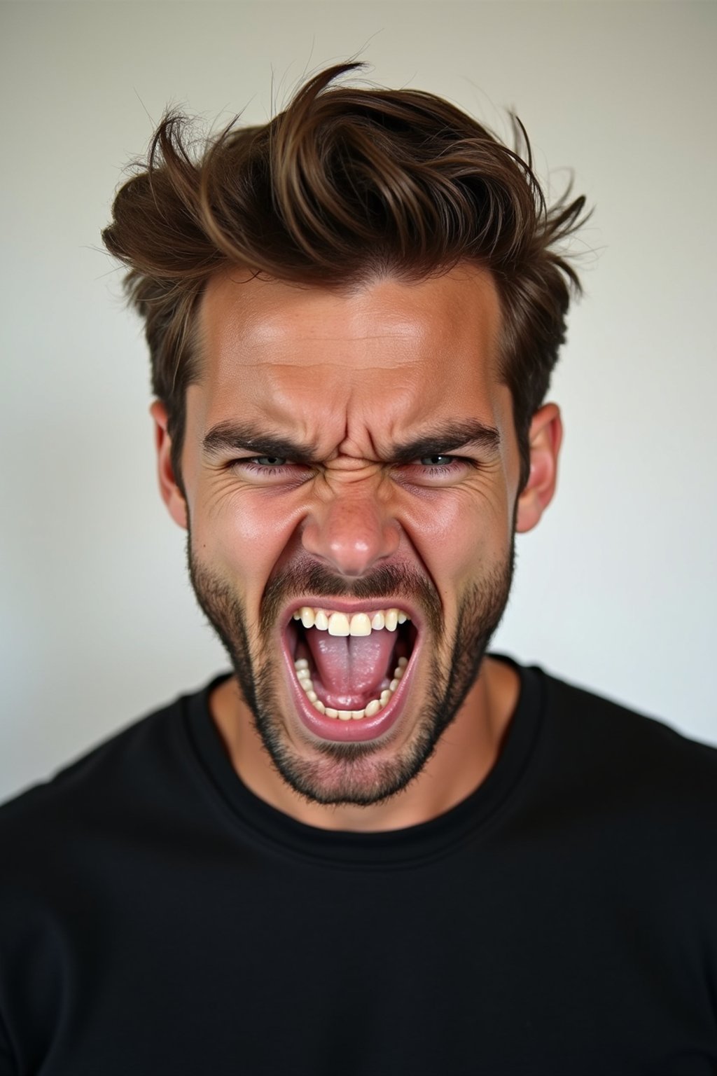 headshot of angry furious rage man, plain background