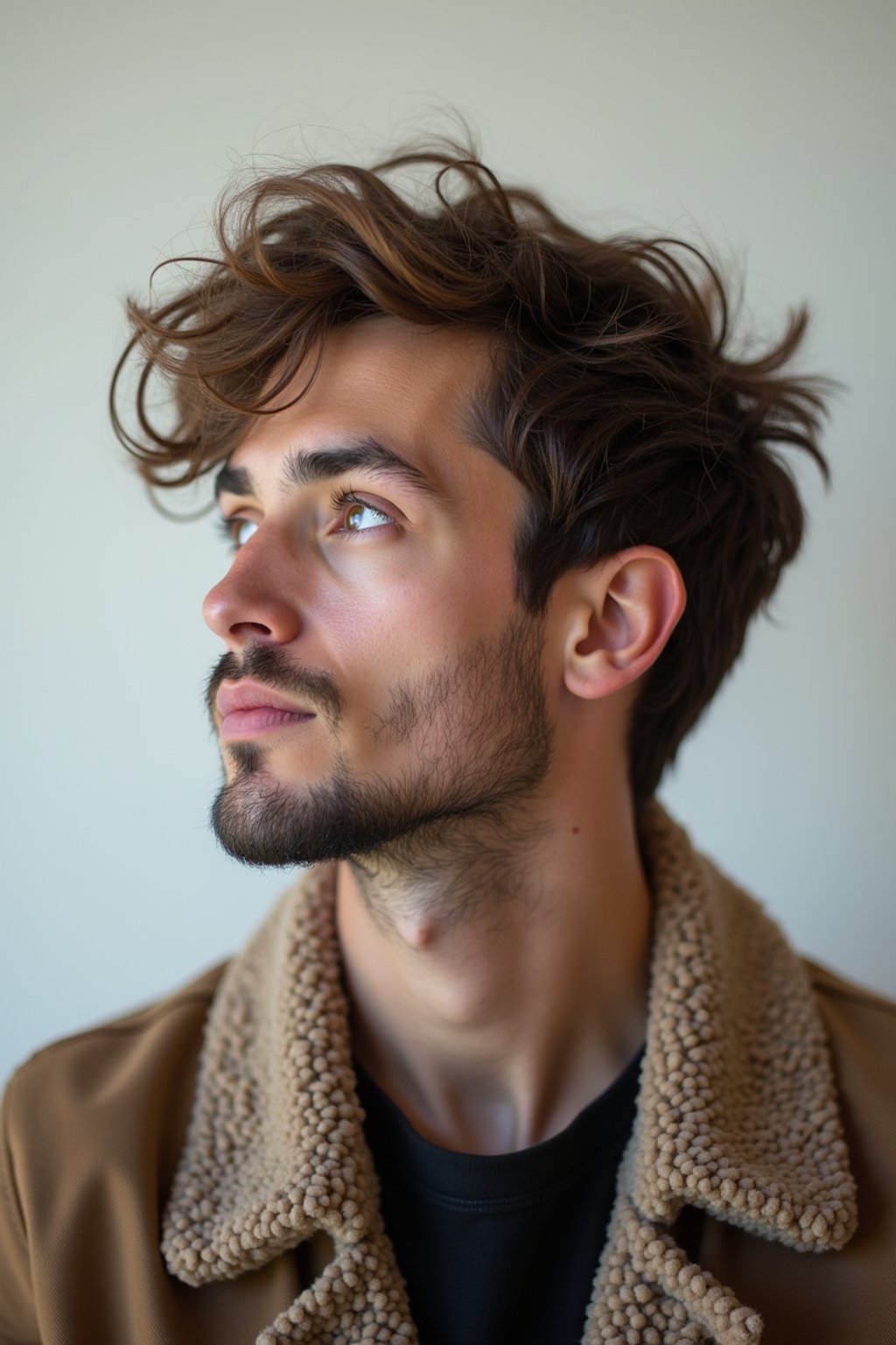 headshot of thinking ruminating contemplating contemplation pondering, plain background