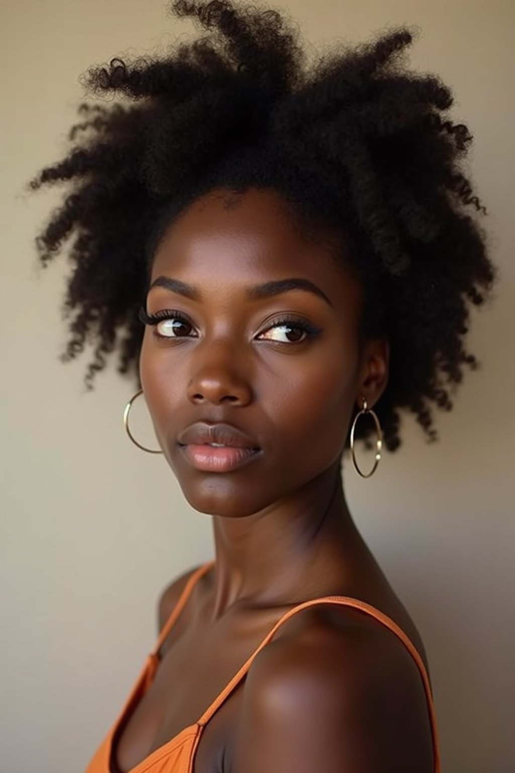 headshot of looking away, looking aside, gazing off woman, plain background