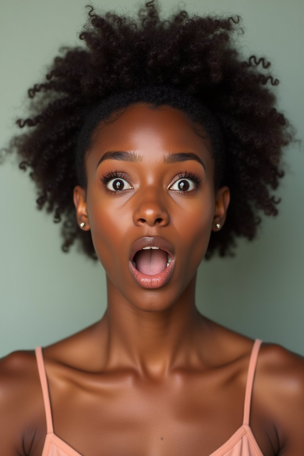 headshot of surprised shocked shock astonished startled stunned surprise woman, plain background