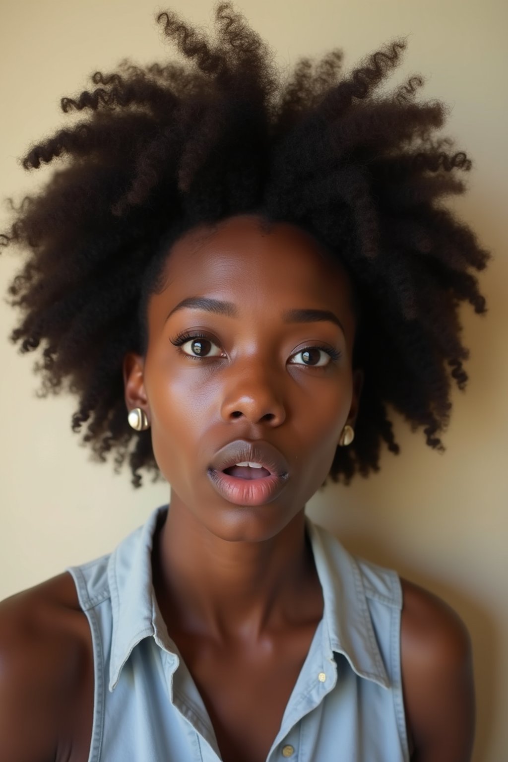 headshot of scared shocked afraid frightened terrified anxious woman, plain background