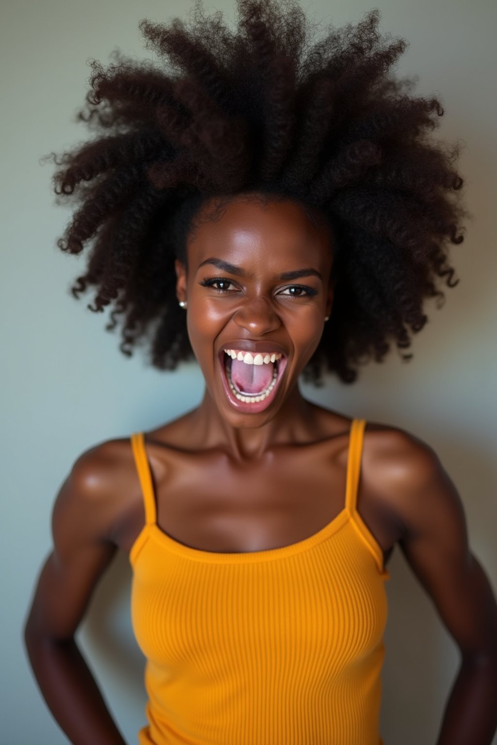 headshot of angry furious rage woman, plain background