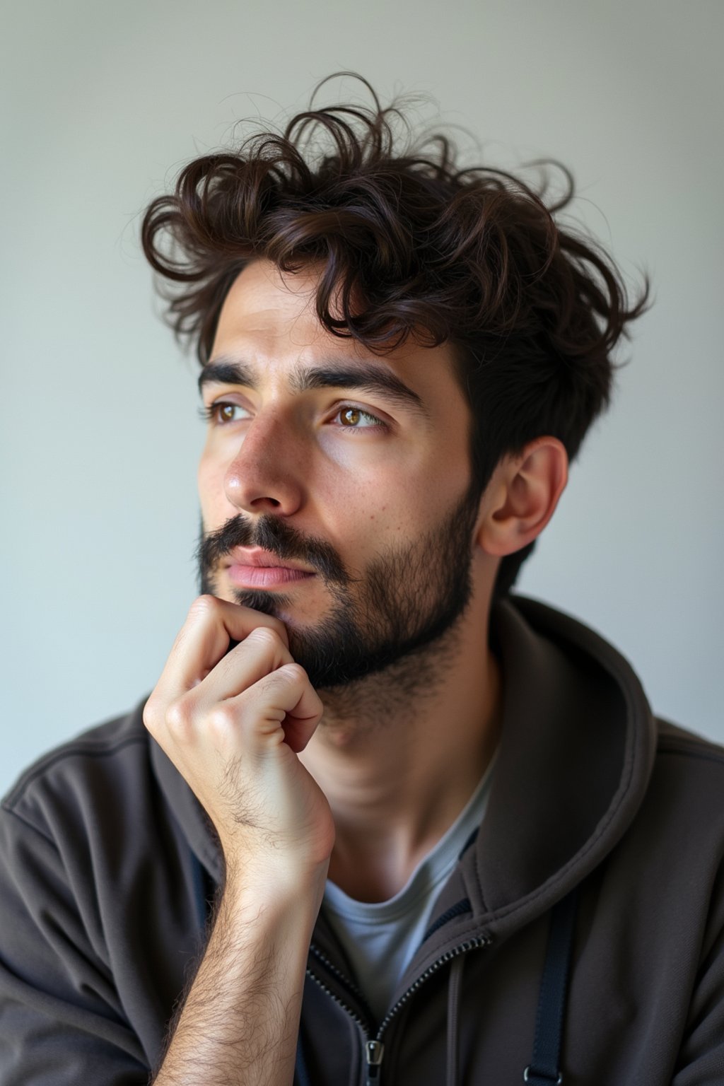 headshot of thinking ruminating contemplating contemplation pondering, plain background