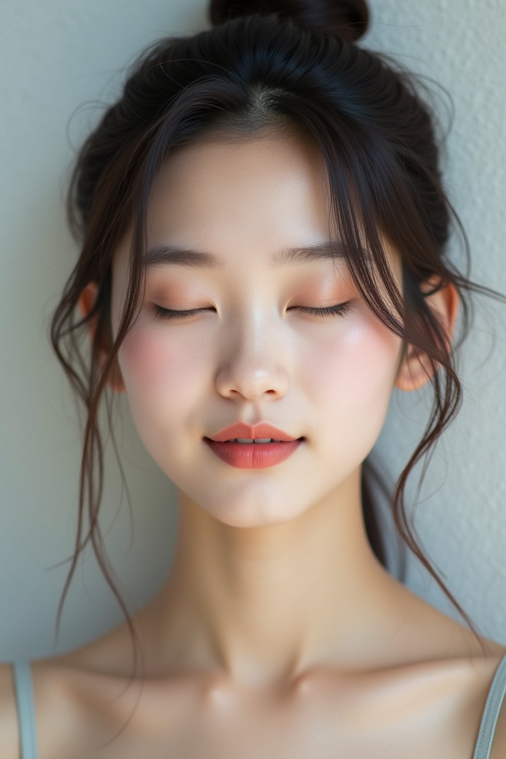 headshot of closed eyes, eyes closed woman, plain background