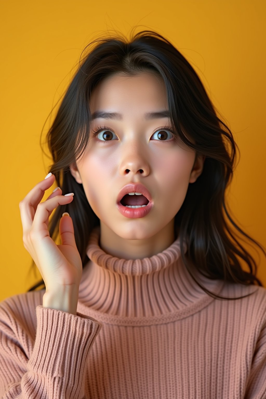 headshot of surprised shocked shock astonished startled stunned surprise woman, plain background