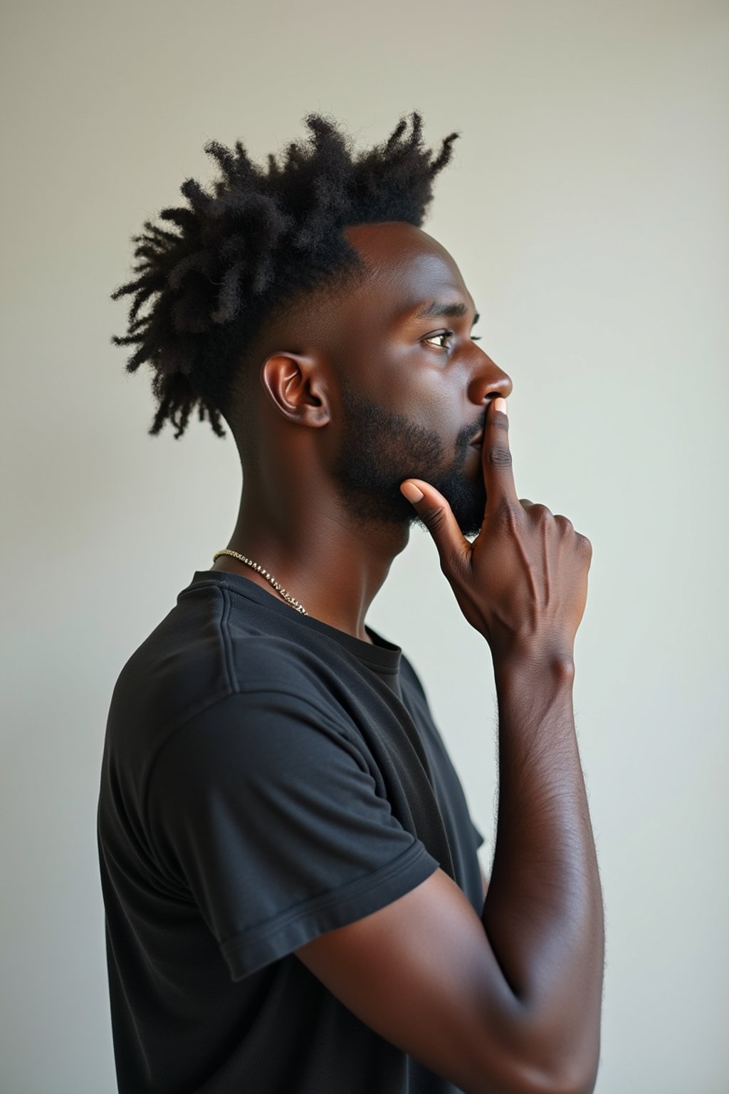 headshot of thinking ruminating contemplating contemplation pondering, plain background