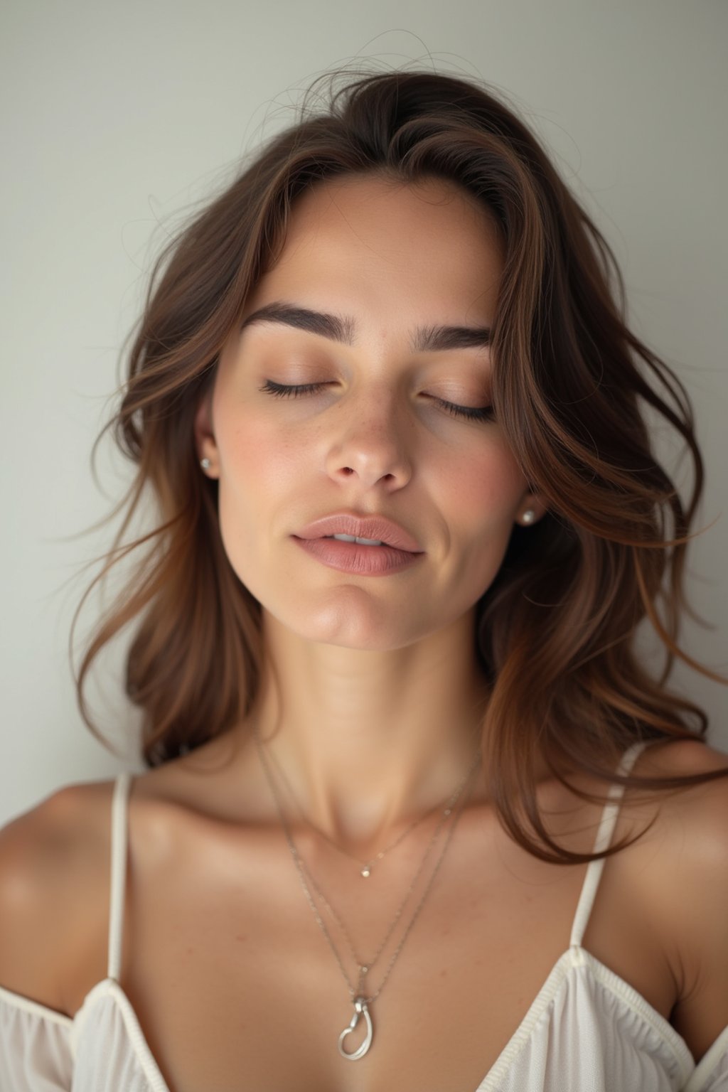 headshot of closed eyes, eyes closed woman, plain background