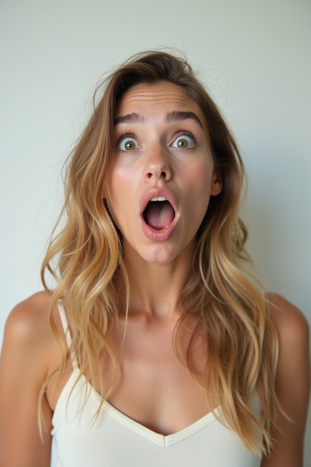 headshot of surprised shocked shock astonished startled stunned surprise woman, plain background