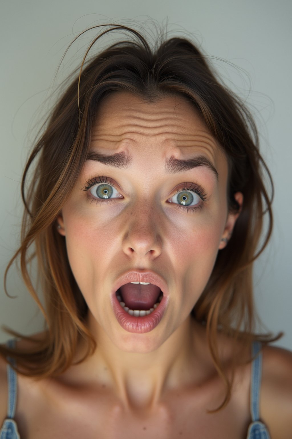 headshot of scared shocked afraid frightened terrified anxious woman, plain background