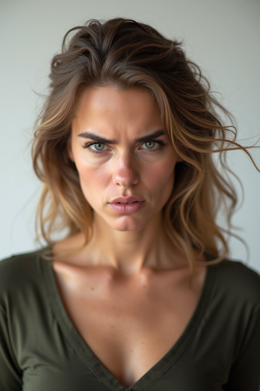 headshot of angry furious rage woman, plain background