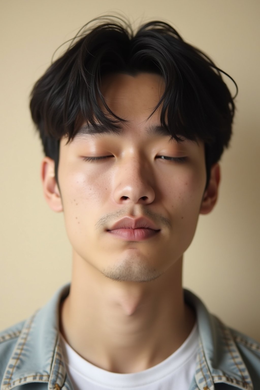 headshot of closed eyes, eyes closed man, plain background