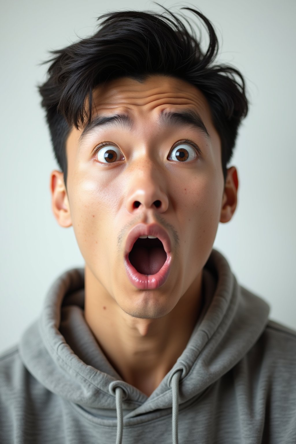 headshot of surprised shocked shock astonished startled stunned surprise man, plain background