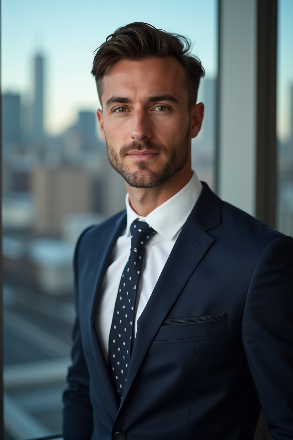 8k professional headshot of man, crisp details, studio backdrop, executive attire, confident posture, neutral expression, high-definition, corporate setting, sharp focus, ambient lighting, business professional, cityscape view