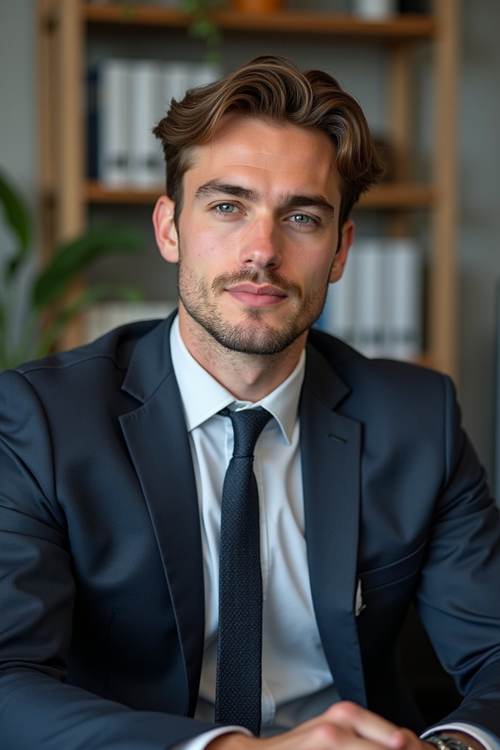 headshot of man, sitting at a desk, at a (office),  shirt and tie and suit pants