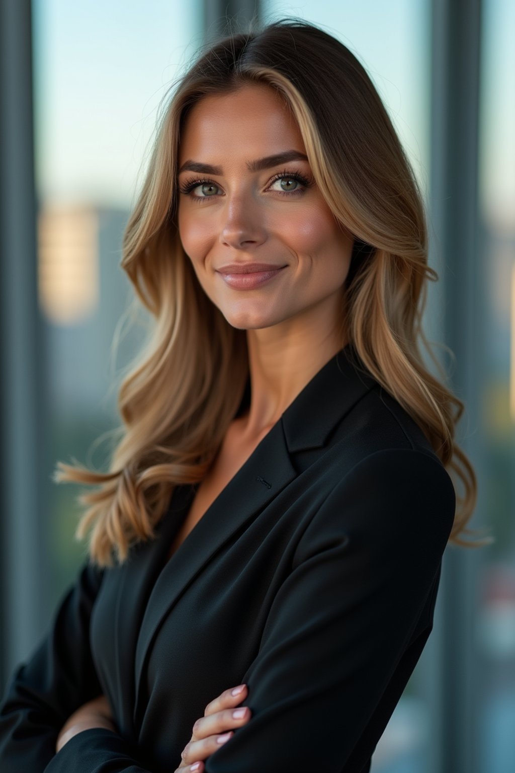 8k professional headshot of woman, crisp details, studio backdrop, executive attire, confident posture, neutral expression, high-definition, corporate setting, sharp focus, ambient lighting, business professional, cityscape view