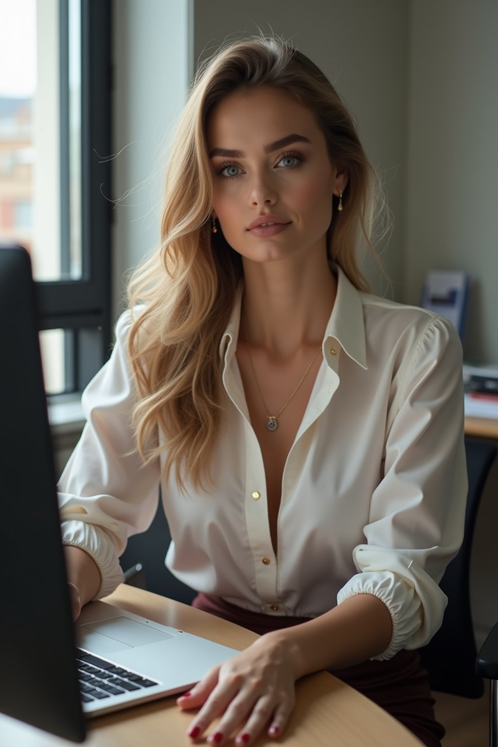 headshot of woman, sitting at a desk, at a (office), BREAK elegant blouse, pencil skirt, makeup