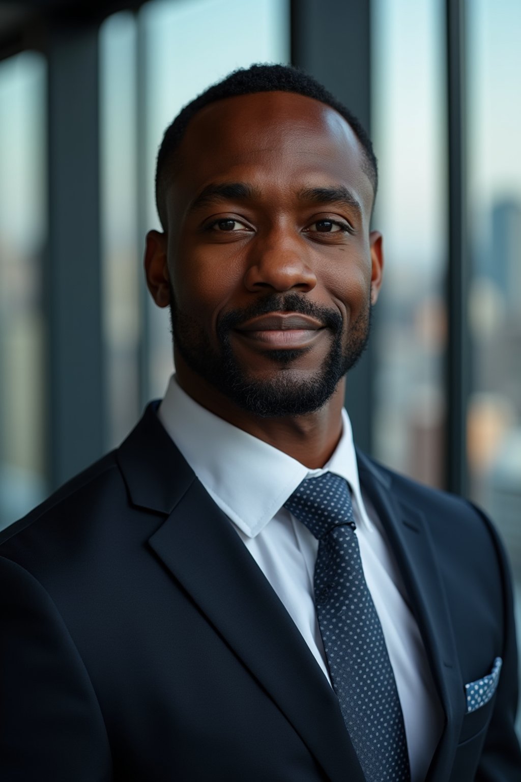 8k professional headshot of man, crisp details, studio backdrop, executive attire, confident posture, neutral expression, high-definition, corporate setting, sharp focus, ambient lighting, business professional, cityscape view