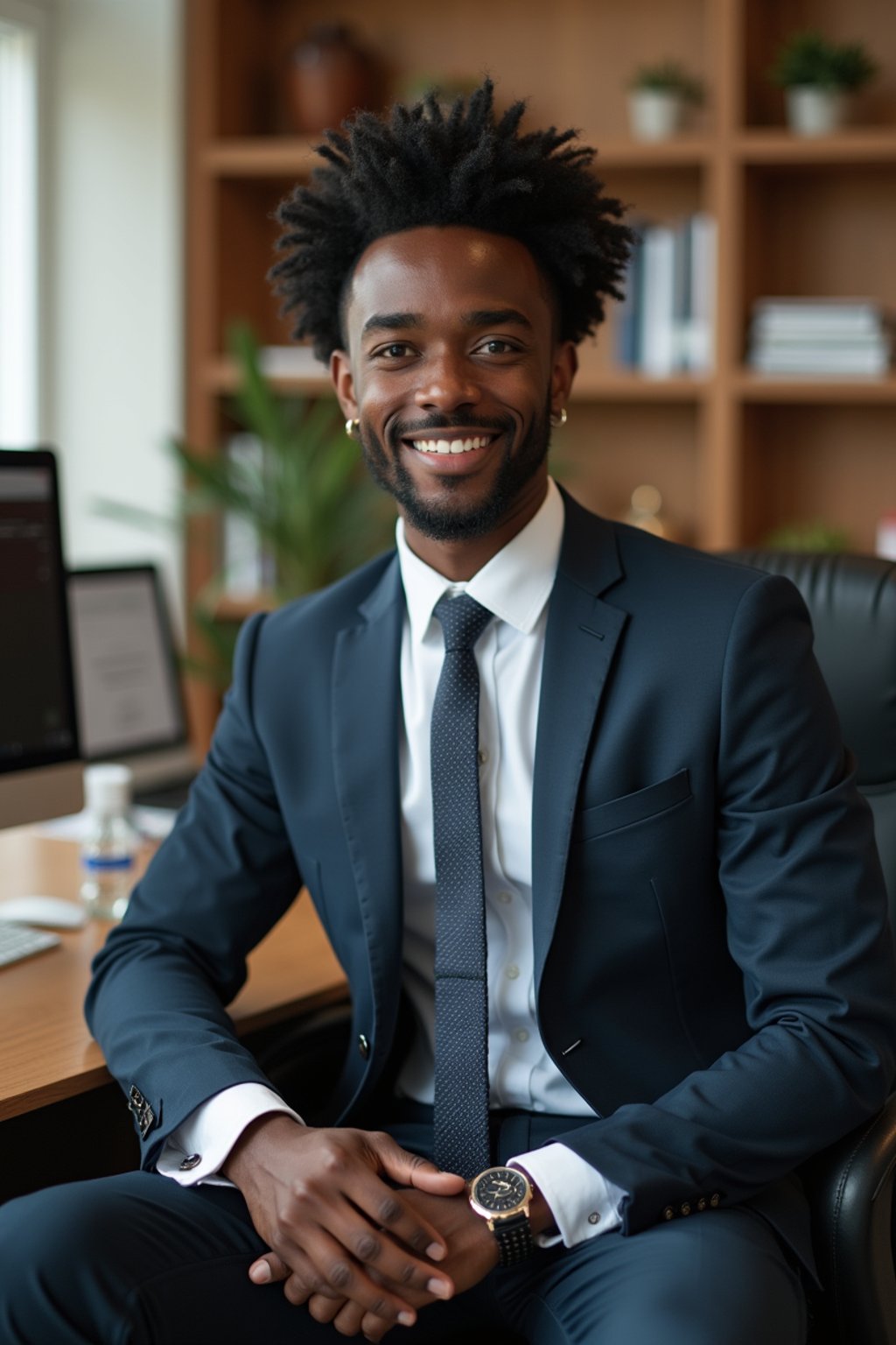 headshot of man, sitting at a desk, at a (office),  shirt and tie and suit pants