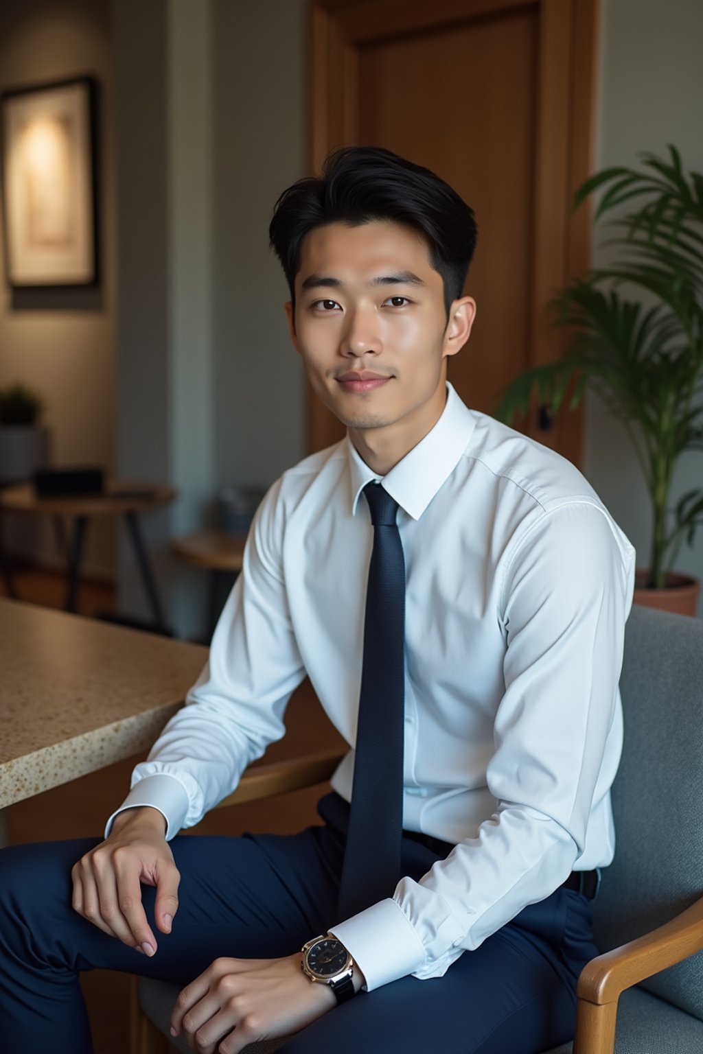 headshot of man, sitting at a desk, at a (office),  shirt and tie and suit pants