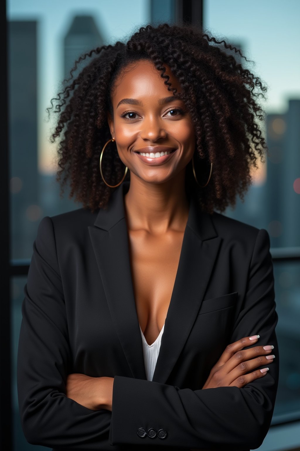 8k professional headshot of woman, crisp details, studio backdrop, executive attire, confident posture, neutral expression, high-definition, corporate setting, sharp focus, ambient lighting, business professional, cityscape view