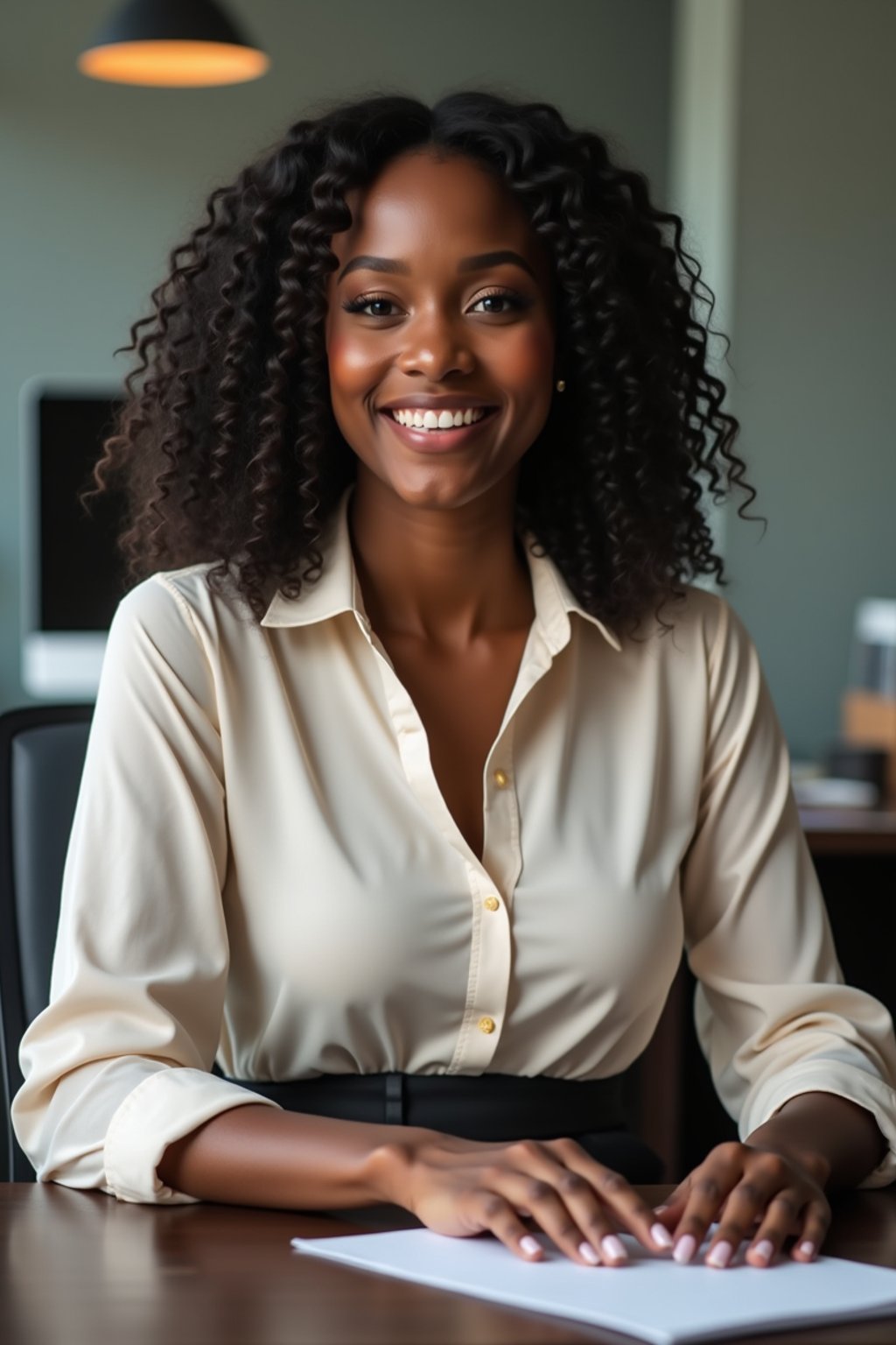 headshot of woman, sitting at a desk, at a (office), BREAK elegant blouse, pencil skirt, makeup