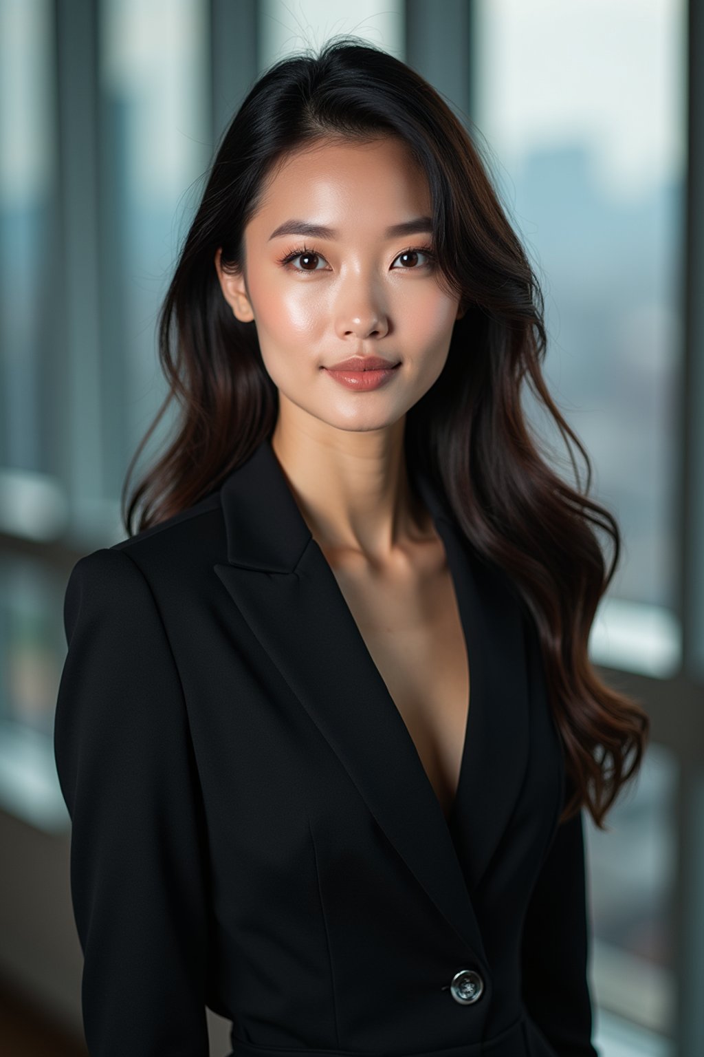 8k professional headshot of woman, crisp details, studio backdrop, executive attire, confident posture, neutral expression, high-definition, corporate setting, sharp focus, ambient lighting, business professional, cityscape view