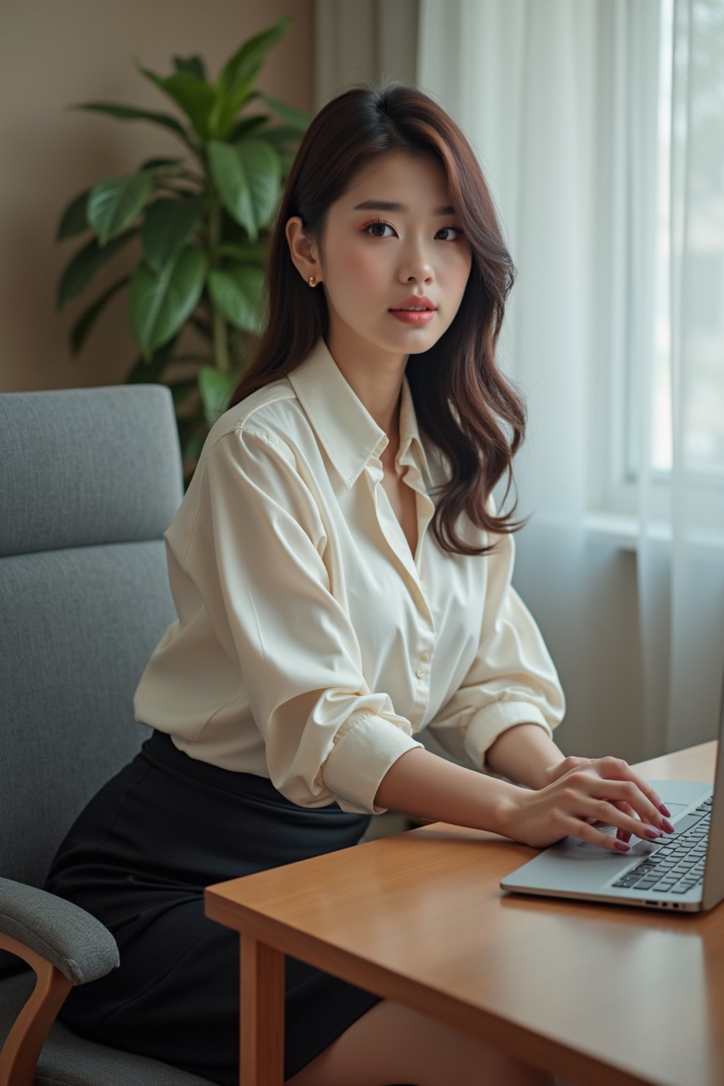 headshot of woman, sitting at a desk, at a (office), BREAK elegant blouse, pencil skirt, makeup