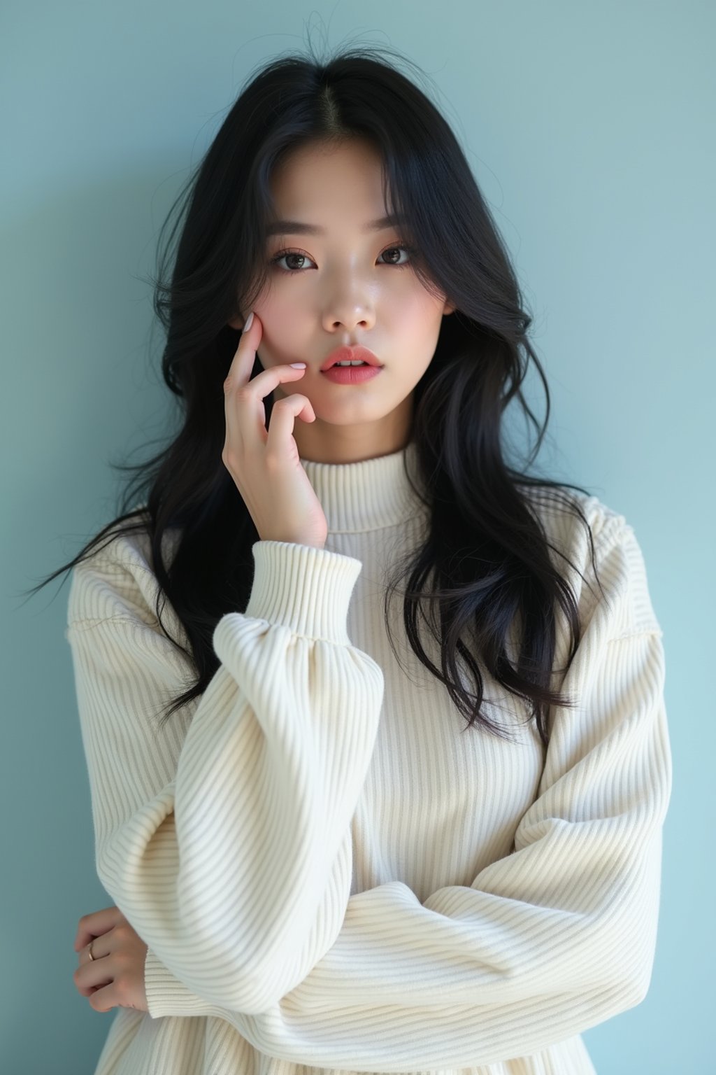 Korean woman (with black hair) (as korean kpop k-pop idol) posing for photo, wearing Korean clothes, Korean fashion, Korean fashion, Korean makeup, (in front of solid background)