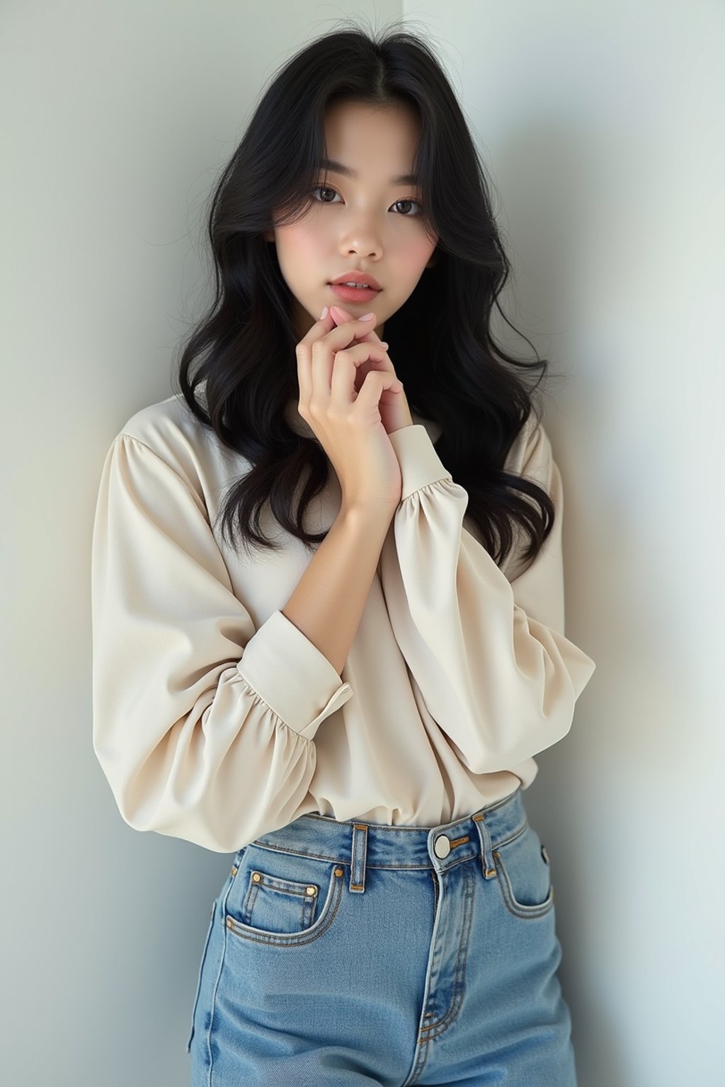 Korean woman (with black hair) (as korean kpop k-pop idol) posing for photo, wearing Korean clothes, Korean fashion, Korean fashion, Korean makeup, (in front of solid background)