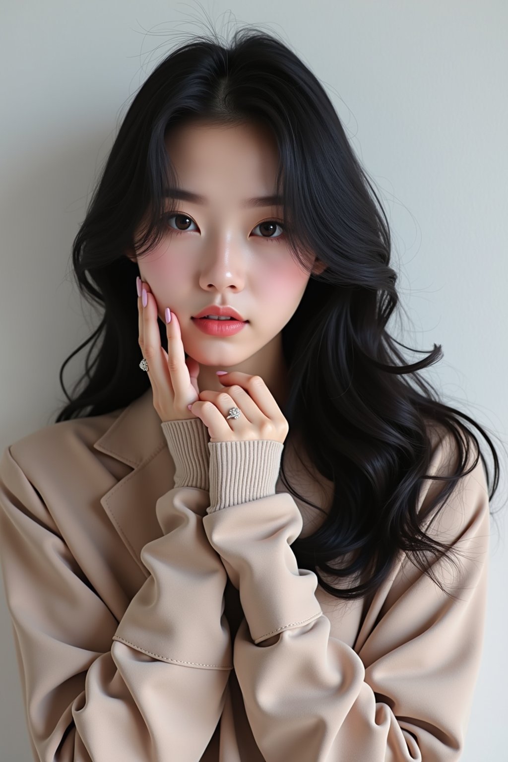 Korean woman (with black hair) (as korean kpop k-pop idol) posing for photo, wearing Korean clothes, Korean fashion, Korean fashion, Korean makeup, (in front of solid background)