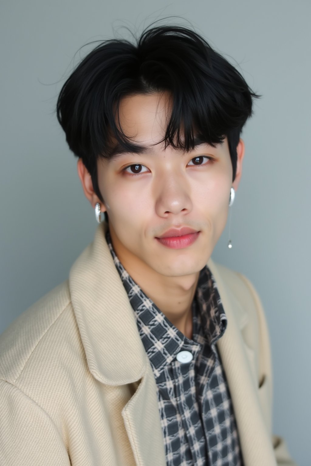 Korean man (with black hair) (as korean kpop k-pop idol) posing for photo, wearing Korean clothes, Korean fashion, Korean fashion, Korean makeup, (in front of solid background)