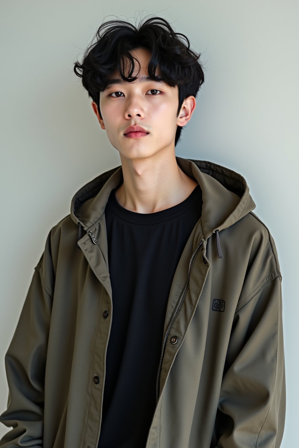 Korean man (with black hair) (as korean kpop k-pop idol) posing for photo, wearing Korean clothes, Korean fashion, Korean fashion, Korean makeup, (in front of solid background)