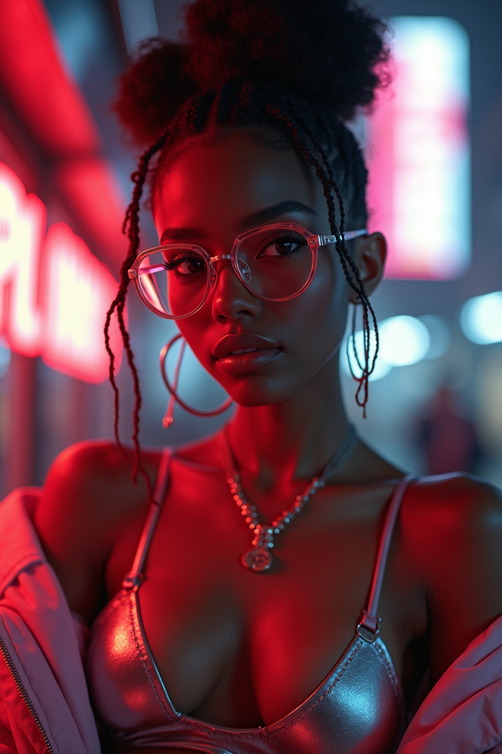 a detailed portrait of intelligent woman actress with thin frame hipster glasses wearing silver bikini and jacket, in a cyberpunk bladerunner vaporwave city, (cyberpunk), city from year 2300, red lights neon, 90s hair bun style,