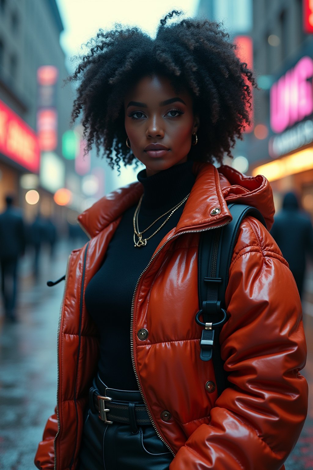 a detailed portrait of hot sexy woman actress wearing jacket, standing in street pose for photo, confident, in a cyberpunk bladerunner vaporwave city, (cyberpunk), city from year 2300