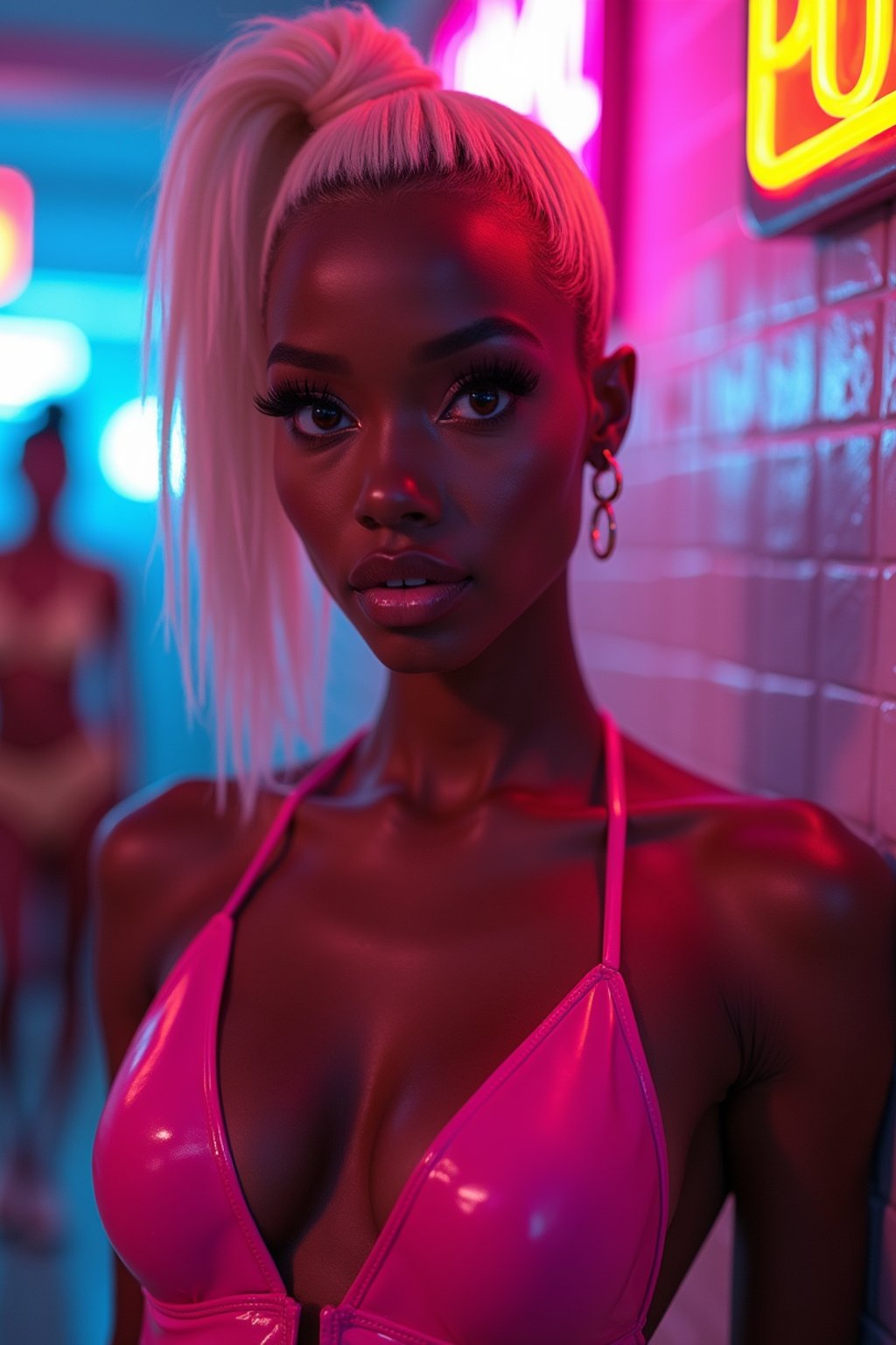 woman with platinum blonde hair, in neon bar, cyberpunk, pink latex bikini or bathing suit, professional award winning photography, beautiful detailed eyes, highly detailed glossy eyes, high detailed skin, skin pores