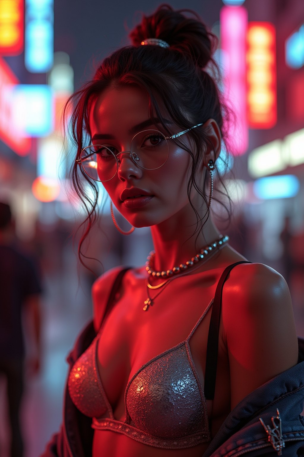 a detailed portrait of intelligent woman actress with thin frame hipster glasses wearing silver bikini and jacket, in a cyberpunk bladerunner vaporwave city, (cyberpunk), city from year 2300, red lights neon, 90s hair bun style,