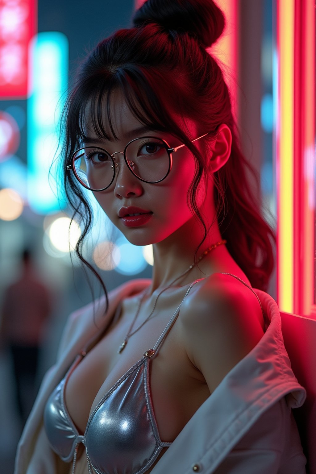 a detailed portrait of intelligent woman actress with thin frame hipster glasses wearing silver bikini and jacket, in a cyberpunk bladerunner vaporwave city, (cyberpunk), city from year 2300, red lights neon, 90s hair bun style,