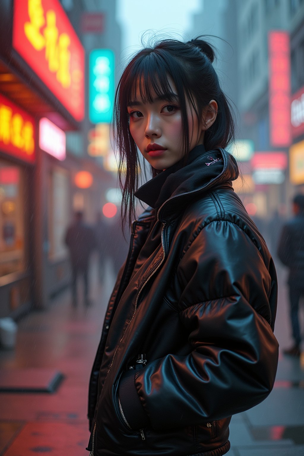 a detailed portrait of hot sexy woman actress wearing jacket, standing in street pose for photo, confident, in a cyberpunk bladerunner vaporwave city, (cyberpunk), city from year 2300