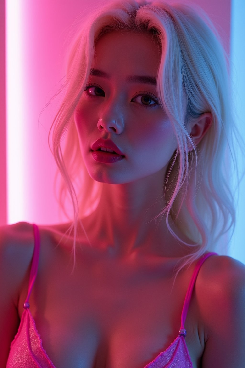 woman with platinum blonde hair, in neon bar, cyberpunk, pink latex bikini or bathing suit, professional award winning photography, beautiful detailed eyes, highly detailed glossy eyes, high detailed skin, skin pores