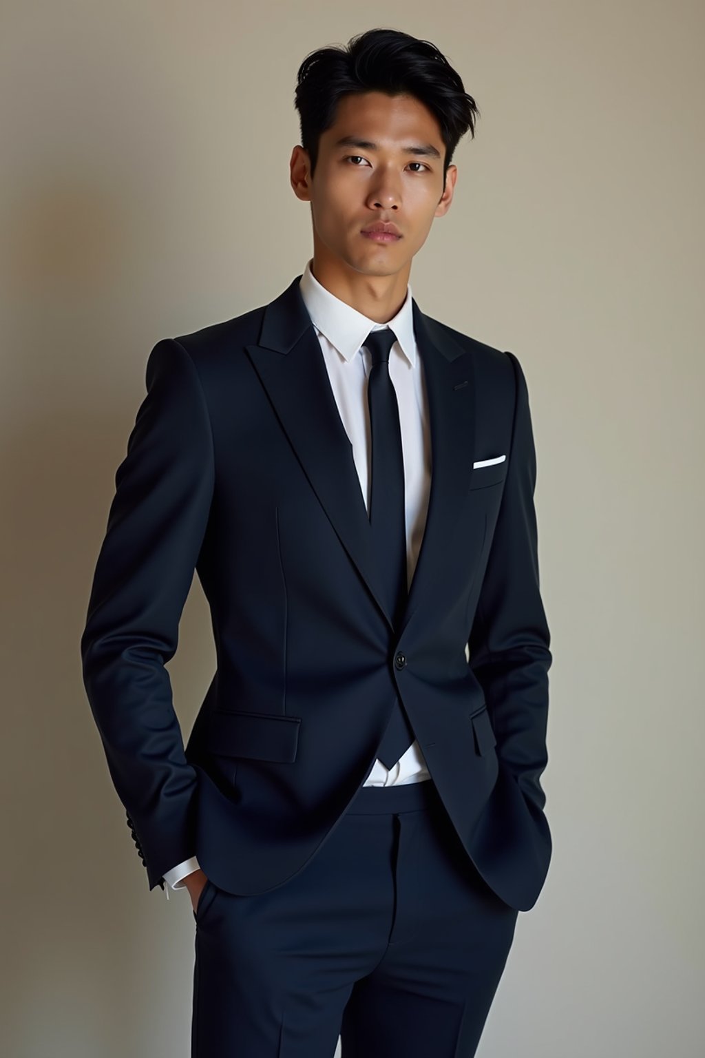 man wearing  navy colored suit in try on fashion shoot for Zara Shein H&M